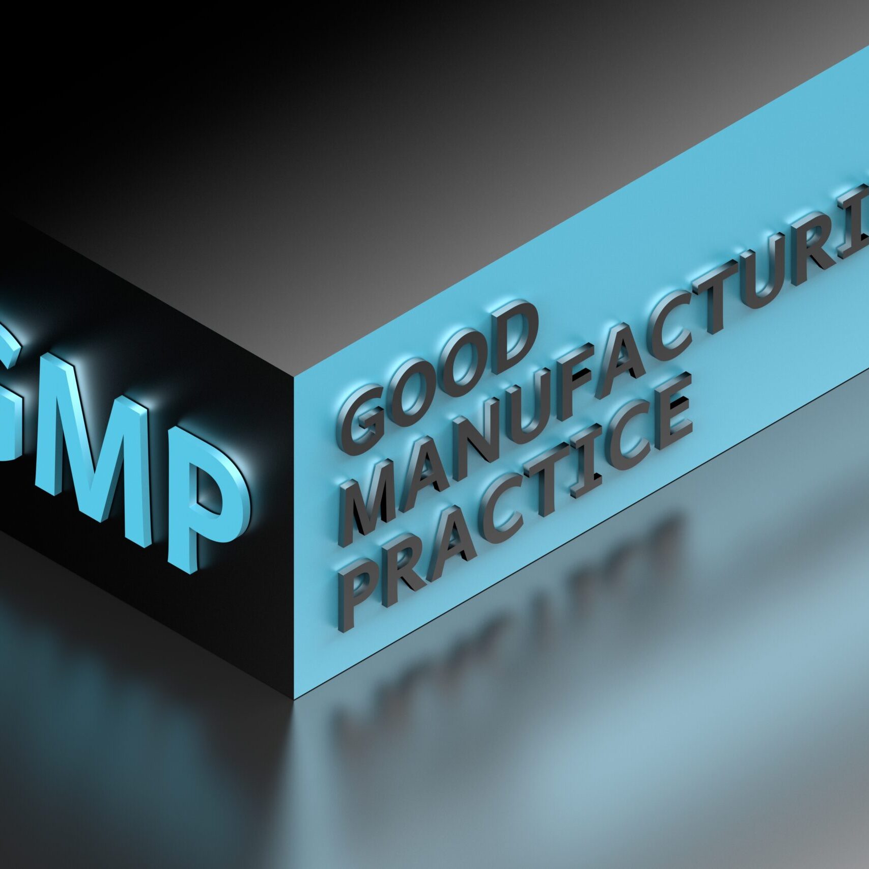GMP abbreviation standing for good manufacturing practice written in dark metallic letters on isometric cube shape. 3d illustration.