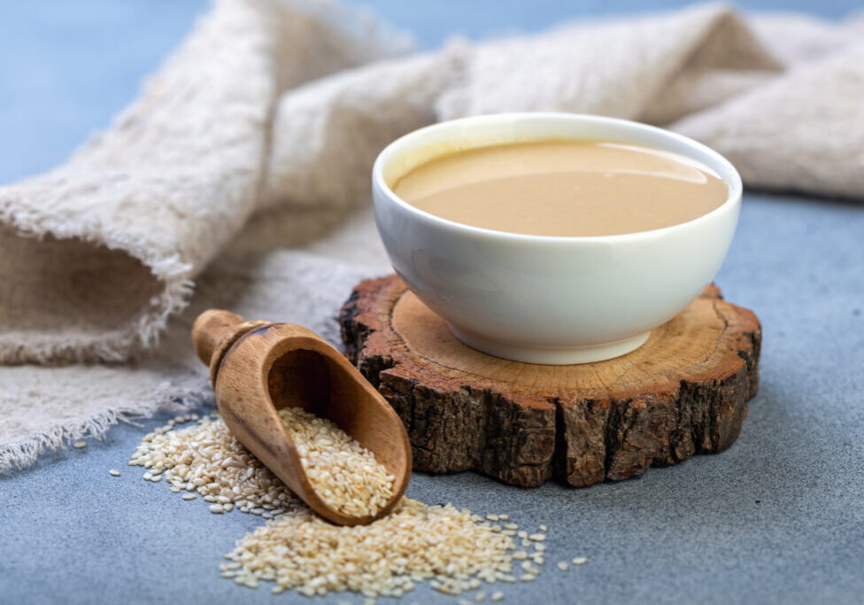 Ceramic bowl with tahini and white sesame seeds on textured gray background, selective focus.